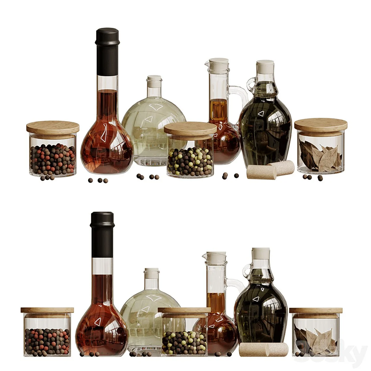 A set of kitchen jars with oil and pepper